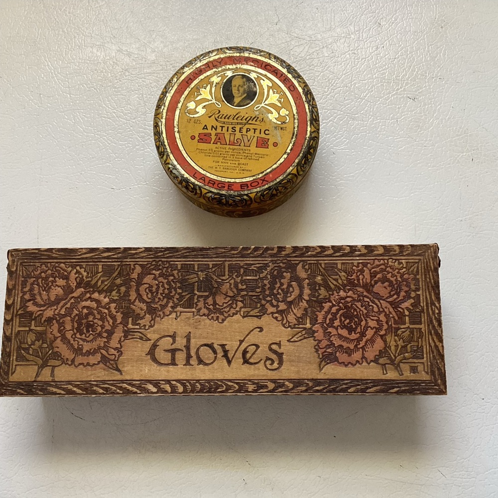 Antique Wooden Gloves Box and Antiseptic Salve Tin